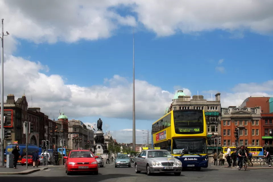 Cars and double-decker bus in Dublin, Ireland.